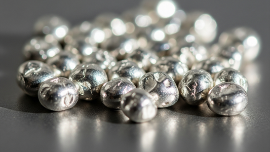 Granalla de plata de ley sobre fondo gris.